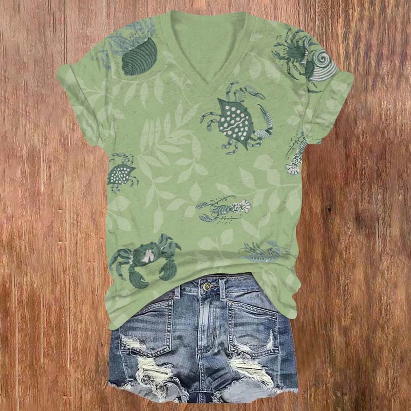 Vintage Crab & Lobster Art Print V-neck T-shirt - Green - US32-34(5XL) - image 2