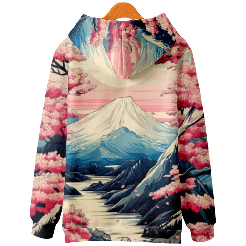 Women's Japanese Lovely Sakura Snow Mountain Print Long Sleeve Hoodie - image 2