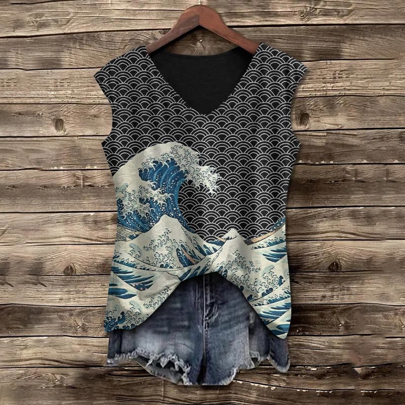 The Great Wave Off Kanagawa Inspired Japanese Art Print V-neck Tank Top - Black - 5XL - image 2