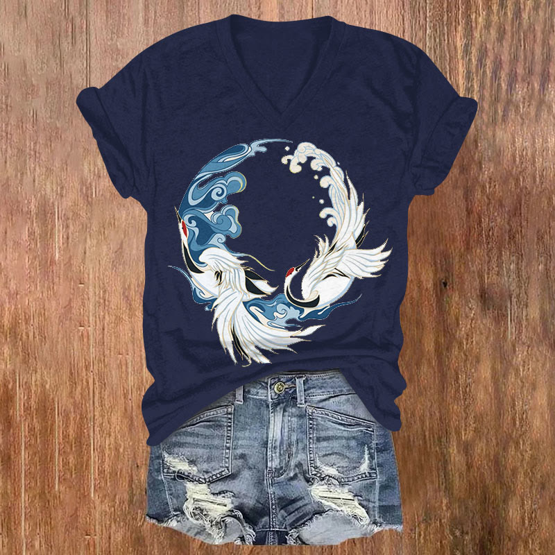 Japanese Creative White Crane Circle Art Print V-neck T-shirt - Blue - US32-34(5XL) - image 2