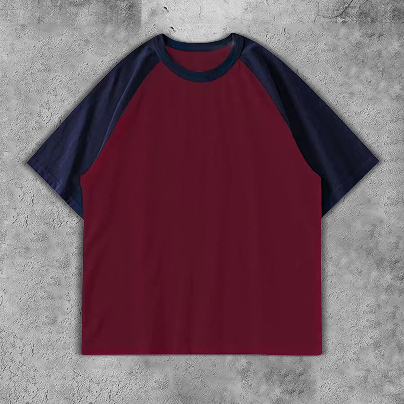 100% Cotton Contrast Solid Color Raglan Sleeve T-shirt - Dark blue+wine - 3XL - image 13