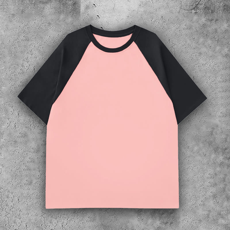100% Cotton Contrast Solid Color Raglan Sleeve T-shirt - Black+pink - 3XL - image 5