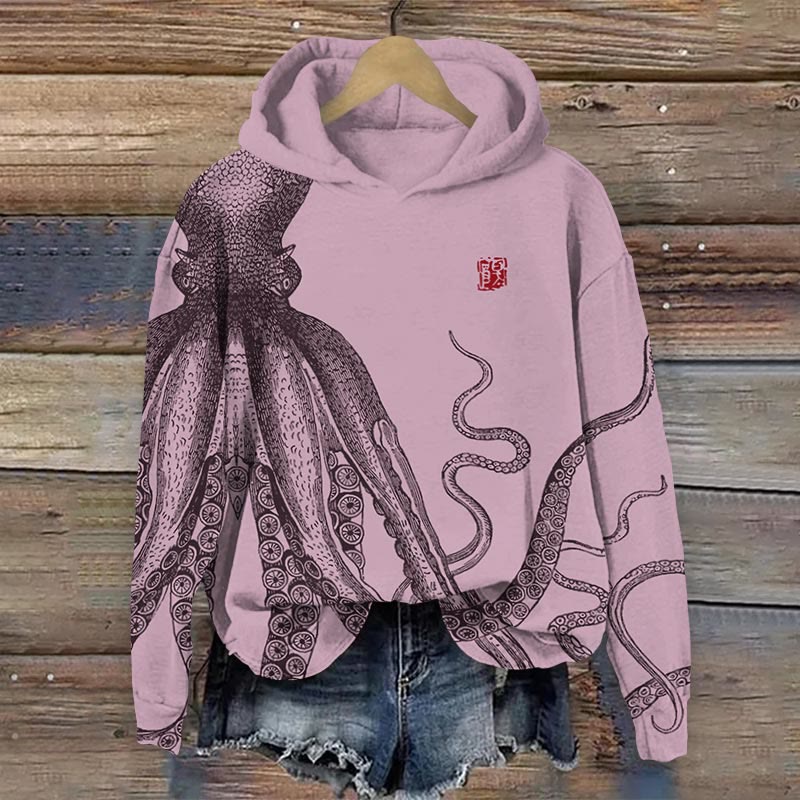 Dashingsoul Japanese Art Octopus And Crab Print Casual Long Sleeve Hoodie