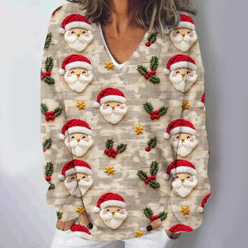 Lovely Christmas Cartoon Santa Art Print Causal V-neck Pullover Sweater - image 2