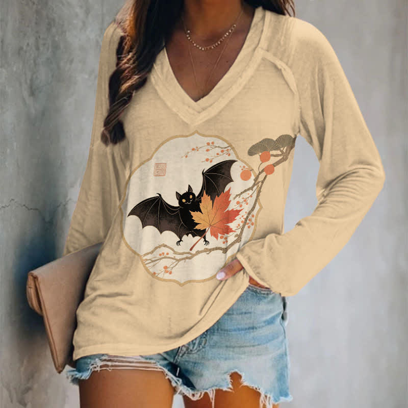 Halloween Bat On Maple Tree Branch Print Long Sleeve T-shirt - Apricot - 5XL - image 3