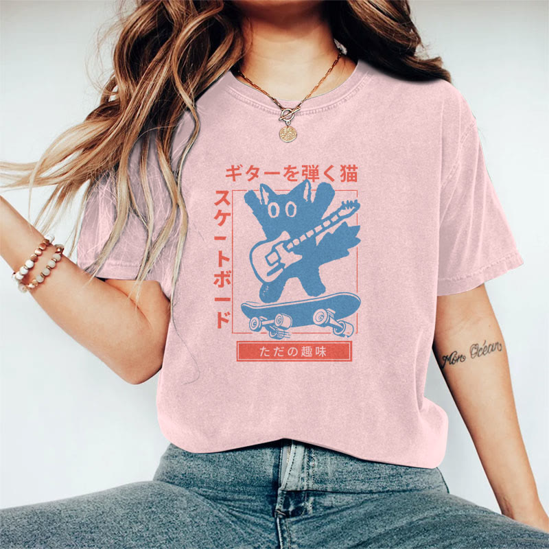 100% Cotton Women's Japanese Cartoon Guitar Cat  Art Print Casual T-shirt - Pink - 2XL - image 2