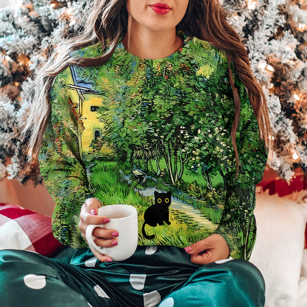 Funny Garden Of The Asylum Black Cat Art Print Crew Neck Sweatshirt