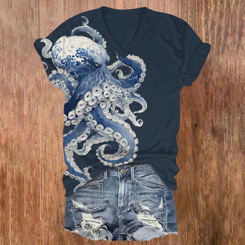 Japanese Vivid Cartoon Octopus Art Print T-shirt - Blue - US32-34(5XL) - image 3