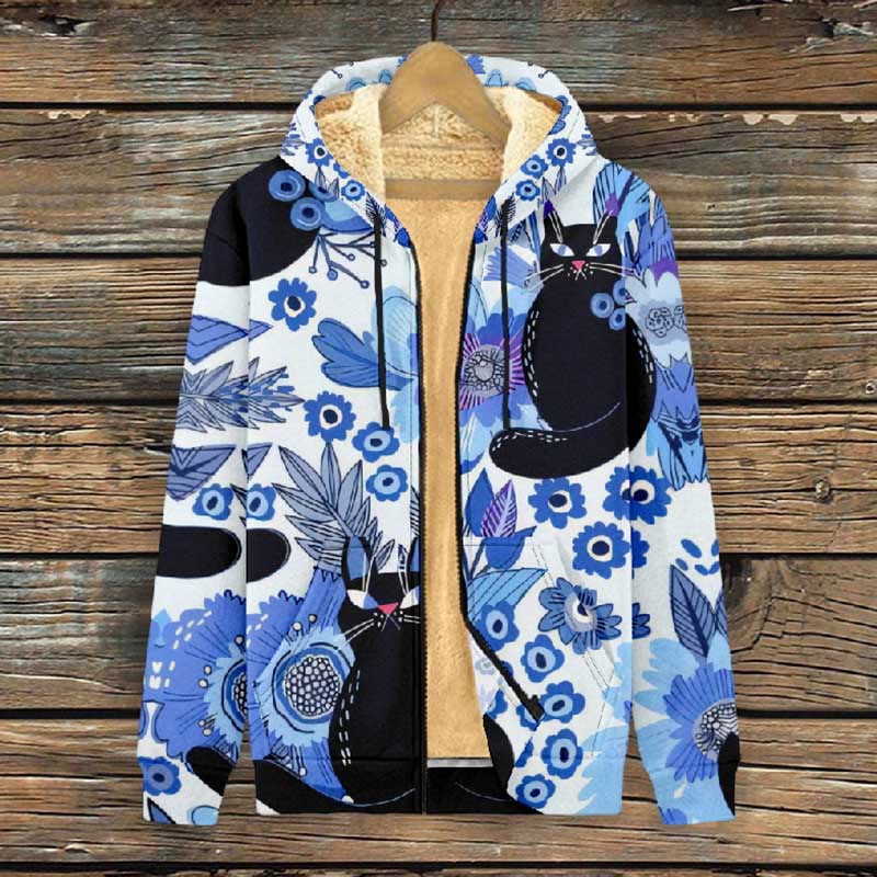 Women's Funny Black Cat % Blue Ink Floral Art Print Fleece Jacket - image 2