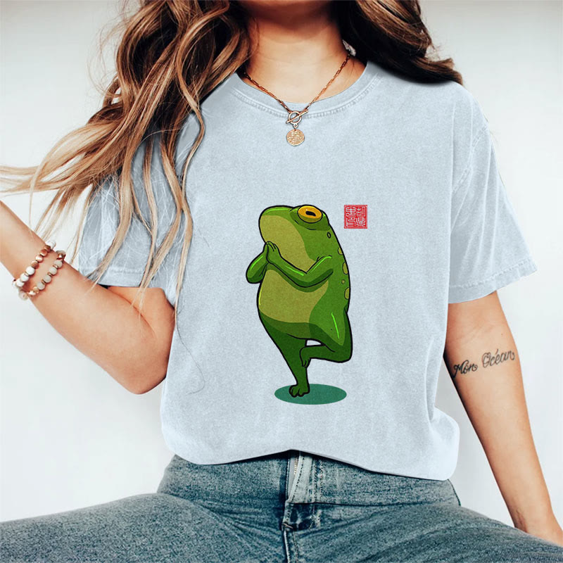 100% Cotton Funny Frog Yoga Art Print Casual T-shirt - Blue - 2XL - image 8