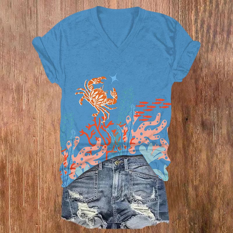 Creative Cartoon Crab & Coral Art Print V-neck T-shirt - Blue - US32-34(5XL) - image 2