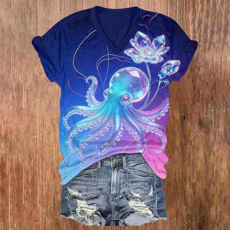 Crystal Flowers And Fluorescent Octopuses Printed Short Sleeved V-neck T-shirt - Dark Blue - US32-34(5XL) - image 1