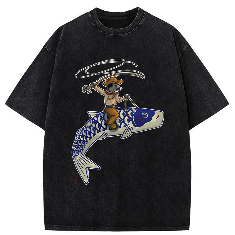 Unisex 100% Cotton Cowboy Mouse Ride Fish Print Acid Washed T-shirt - Black - 3XL - image 4