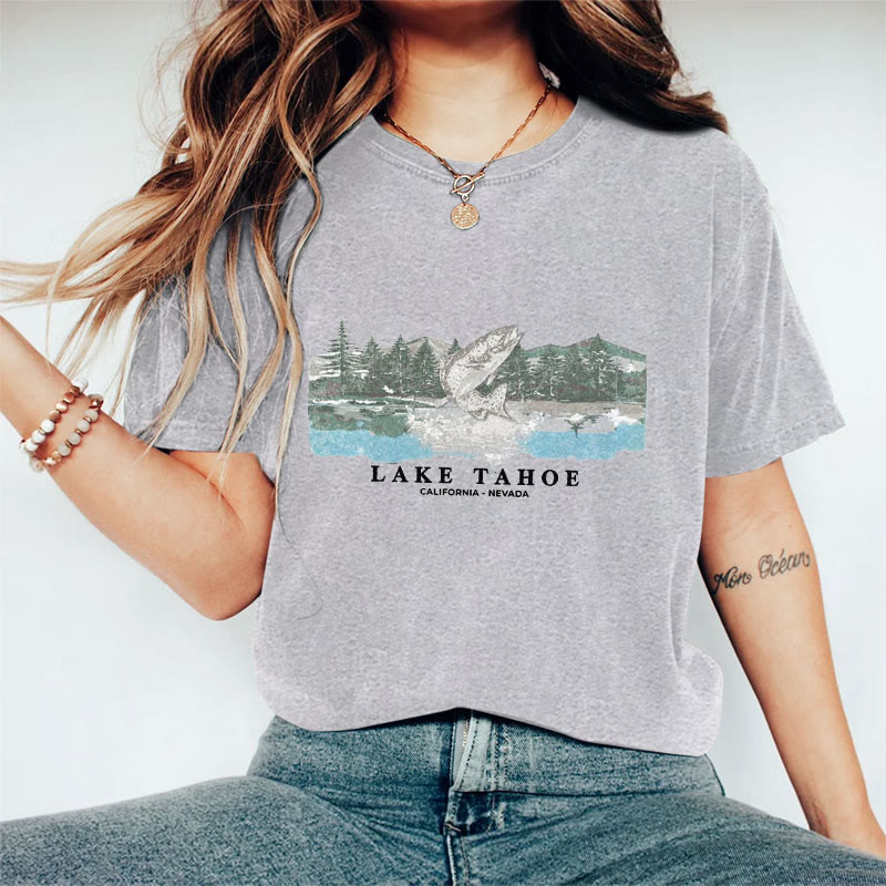 100% Cotton Vintage Lake Tahoe Fish T-shirt - Grey - 2XL - image 4