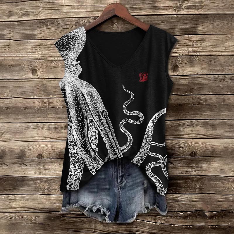 Japanese Art Octopus Print V-neck Tank Top - Black - 5XL - image 4