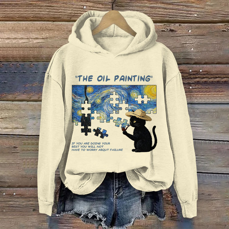 Oil Painting Black Cat Playing Puzzle Pattern Art Print Long Sleeve Hoodie - Beige - US44-46(8XL) - image 2