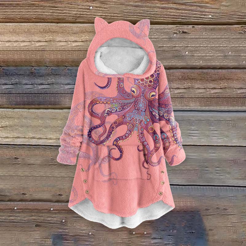 Women's Unique Exquisite Octopus Pattern Pocket Cute Cat Ear Fuzzy Fleece Hoodie - Pink - 6XL - image 3