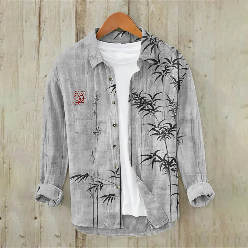 Bamboo Japanese Art Print Casual Long Sleeve Lapel Shirt - Grey - 5XL - image 4