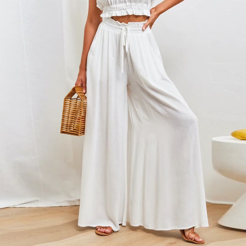 Elegant Solid Elastic Drawstring Waist Pocket Wide Leg Pants - White - 2XL - image 6