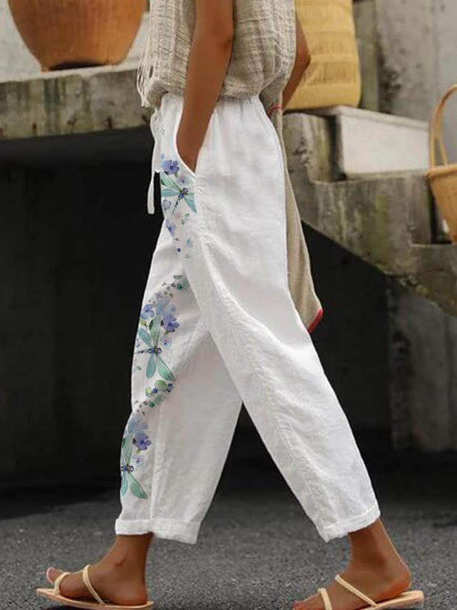 S-5XL Women's Daily Casual Dragonfly And Flower Printed Long Pants - White - 5XL - image 1