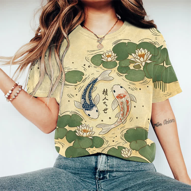 Japanese Koi In The Lotus Pond Pattern Print Round Neck T-shirt - Apricot - 3XL - image 6