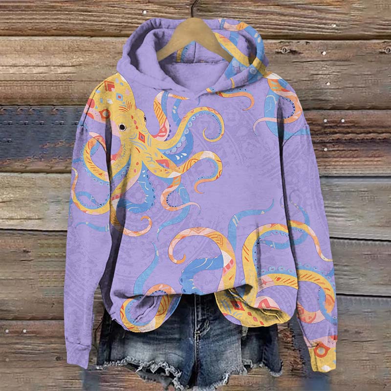 Vintage Funny Ethnic Pattern Octopus Print Long Sleeve Hoodie - Purple - US44-46(8XL) - image 3