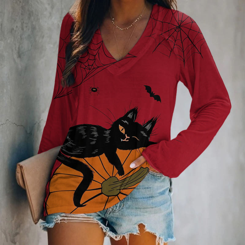Halloween Cats & Pumpkin Print V-neck Long Sleeve T-shirt - Red - 5XL - image 3