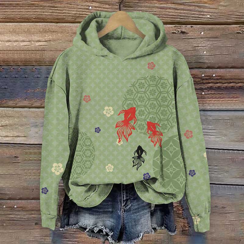 Japanese Vintage Geometric Floral & Goldfish Print Long Sleeve Hoodie - Green - US44-46(8XL) - image 2