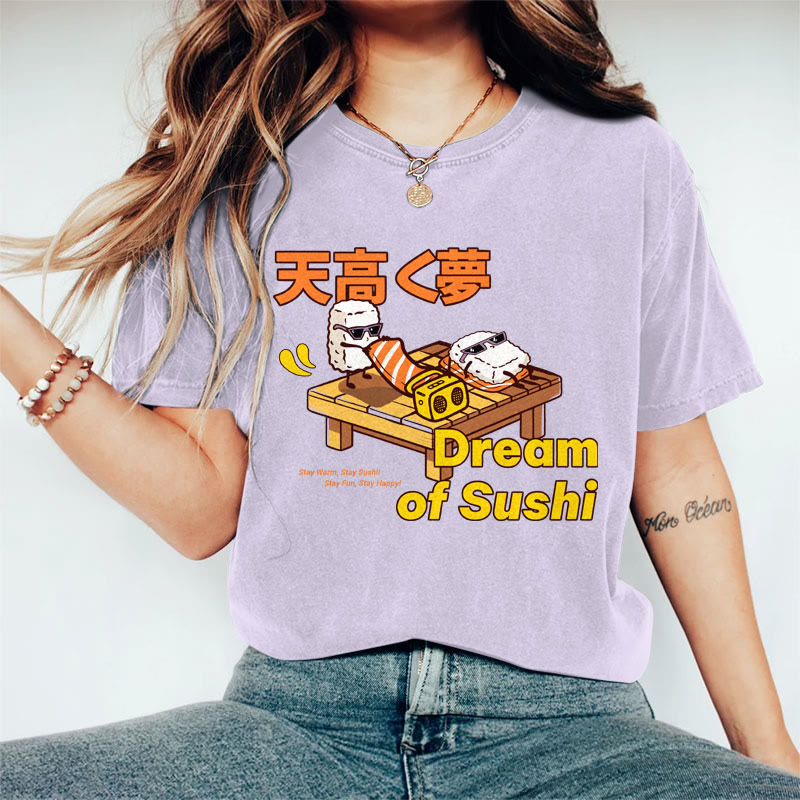 100% Cotton Women's Japanese Dream Of Sushi Art Print Casual T-shirt - Purple - 2XL - image 3
