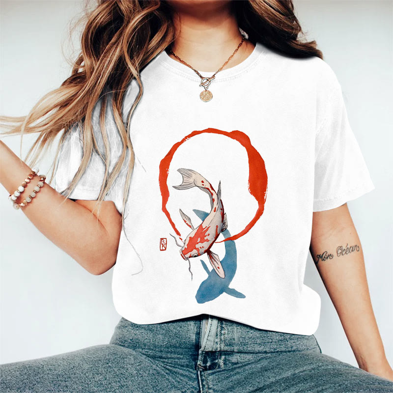 100% Cotton Women's Japanese Watercolor Koi Art Print Casual T-shirt - White - 2XL - image 3