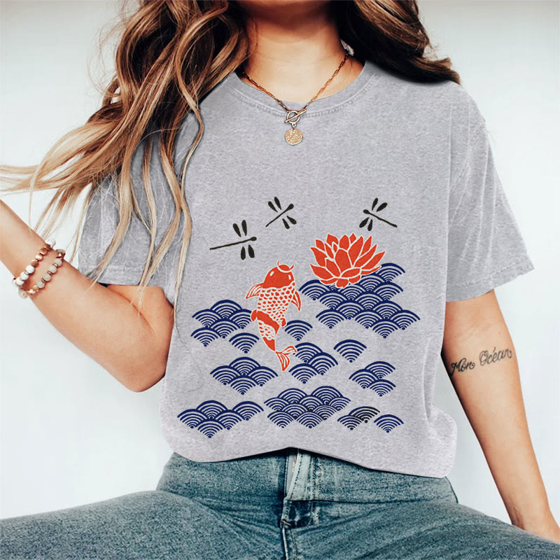 100% Cotton Women's Japanese Style Koi Fish Dragonfly Wave Art Print Casual T-shirt - Grey - 2XL - image 5