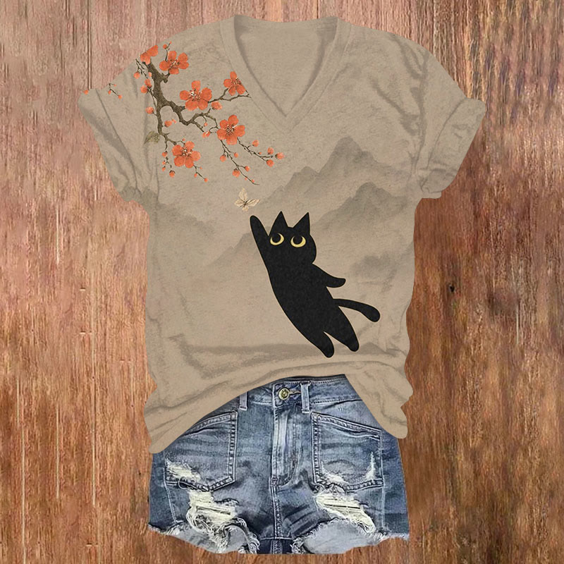 Japanese Funny Black Cat Catching Butterfly Art Print T-shirt - Coffee - US32-34(5XL) - image 4