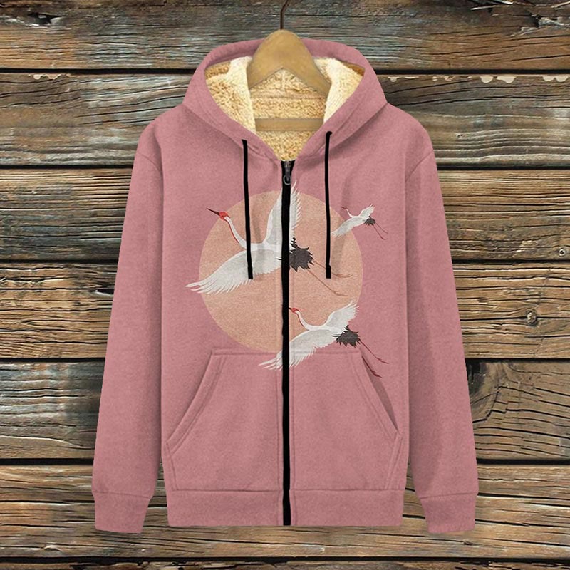 Flying Cranes Japanese Art Graphic Vintage Print Fleece Jacket - Pink - 4XL - image 1