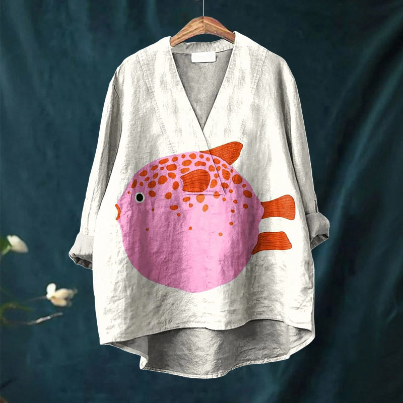 Women's Cute Cartoon Pufferfish Art Printed Casual V-neck Blouse - image 2