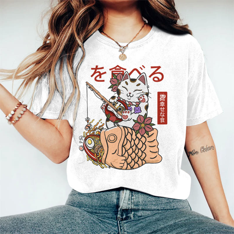 100% Cotton Women's Japanese Lucky Cat Fishing  Art Print Casual T-shirt - White - 2XL - image 3