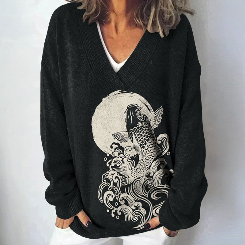 Carp Jump Sunrise Japanese Art Print Causal V-neck Pullover Sweater - Black - 4XL - image 2