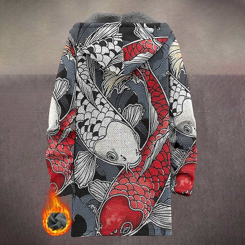 Vintage Red And White Swimming Koi Print Unisex Plush Thick Long-sleeved Fleece Jacket Coat - image 3