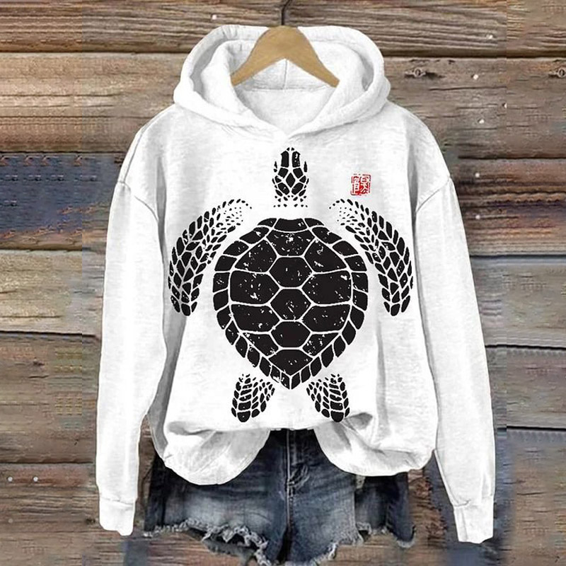 Simple Turtle Seal Print Casual Long Sleeve Hoodie - White - 8XL - image 1