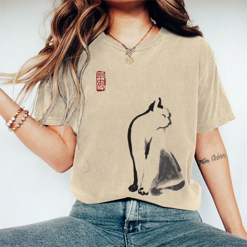 100% Cotton Women's Japanese Abstract Ink Painting Cat Art Print Casual T-shirt - Khaki - 2XL - image 2