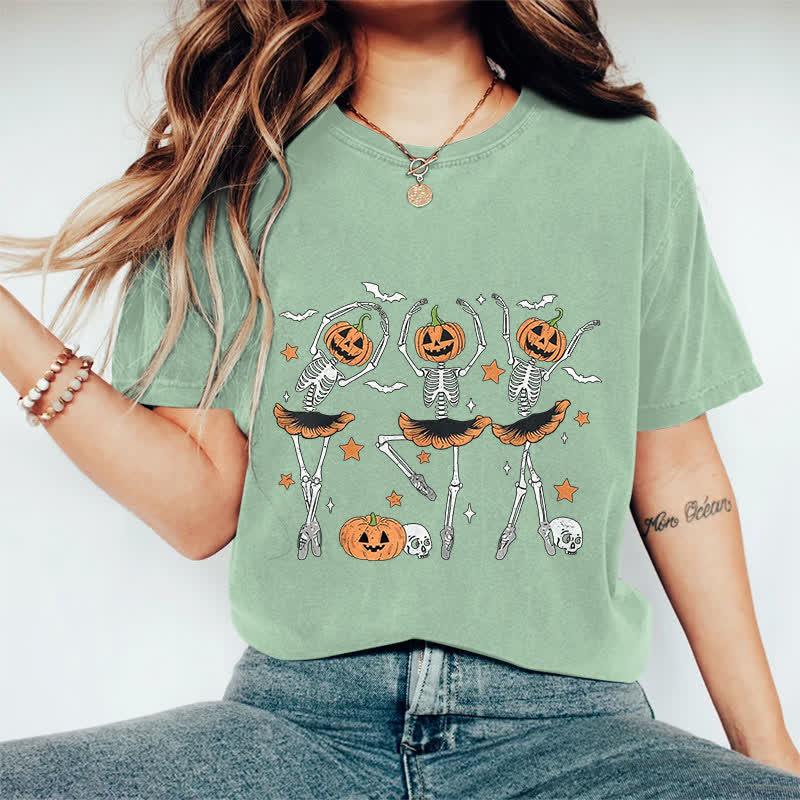 100% Cotton Women's Halloween Creative Dancing Pumpkin Skeleton Art Print Casual T-shirt - Green - 2XL - image 10