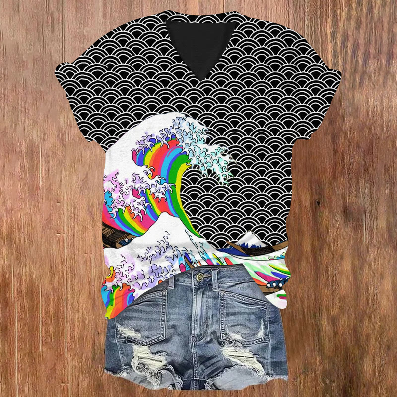 Japanese Style Rainbow Waves Print V-neck Short Sleeve T-shirt - Black - US32-34(5XL) - image 2