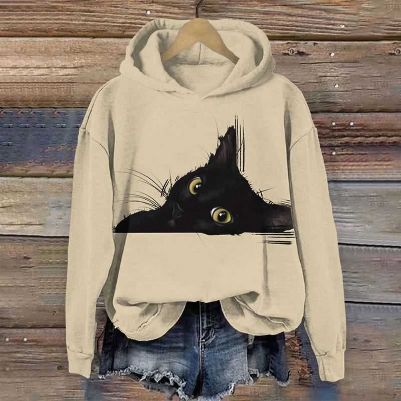 Women's Ink Watercolor Black Cat Art Print Long Sleeve Hoodie - Apricot - 8XL - image 2