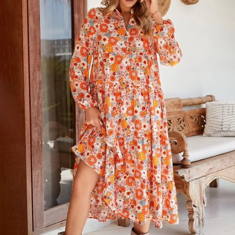 Boho Wildflower Print Shirt  V-neck Lantern Sleeves Mid Dress - Orange - XXL - image 3