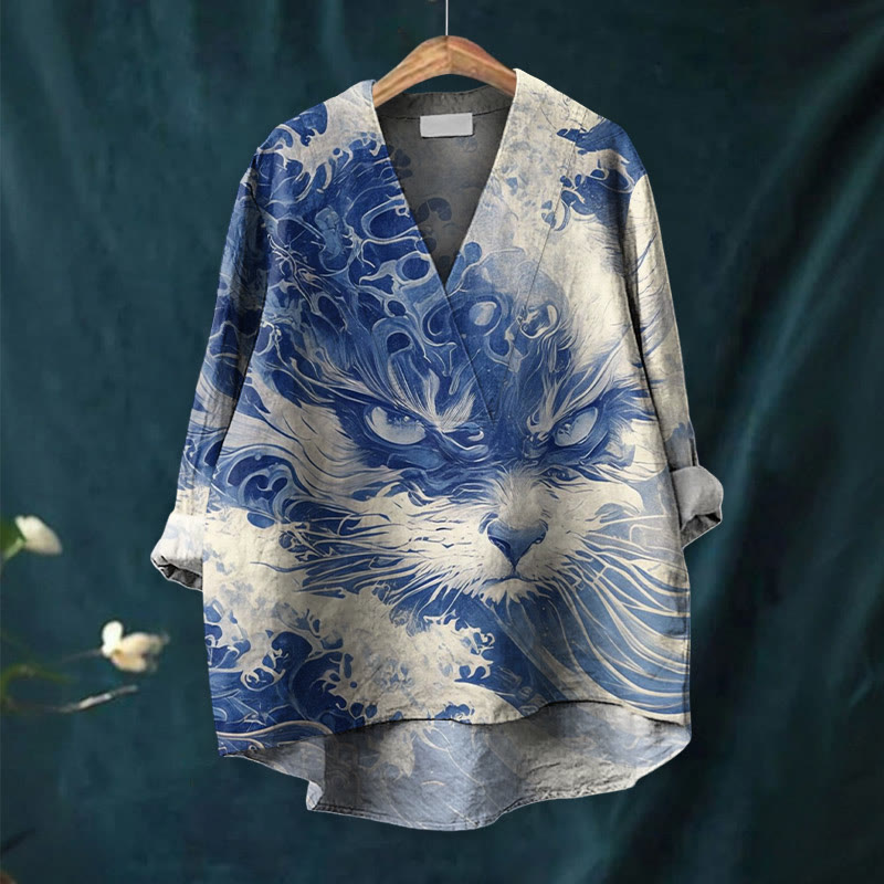 Women's Blue Waves & Cats Print Casual V-neck Blouse - image 2