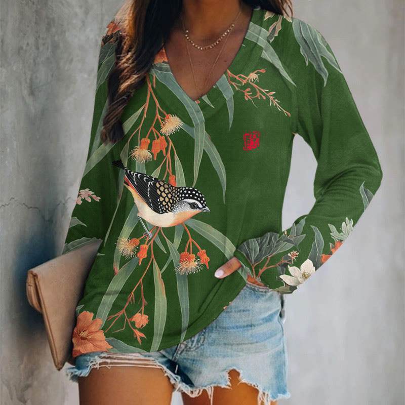 Japanese Vintage Little Bird Pattern Print v-neck Long Sleeve T-shirt - Green - US 24 (5XL) - image 5