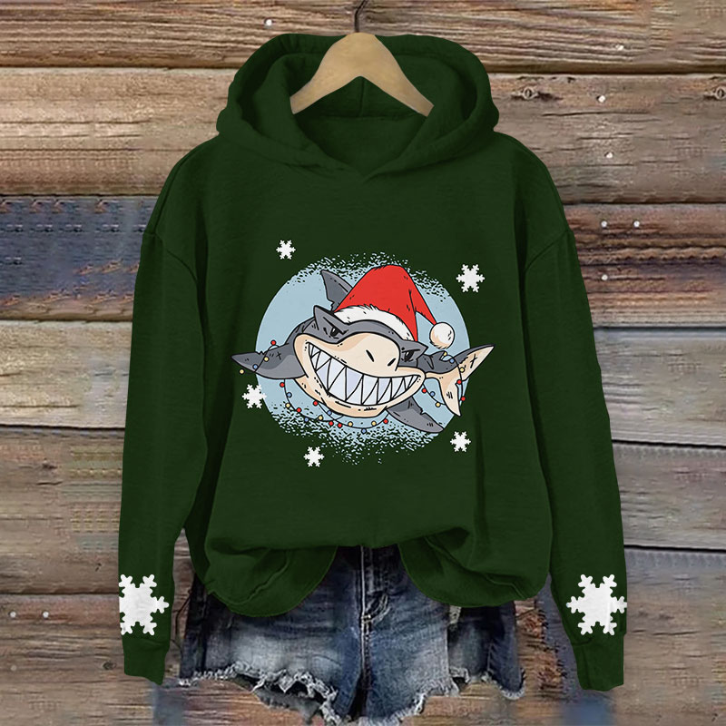 Shark Wearing Santa Hat Christmas Print Long Sleeve Hoodie - Green - US44-46(8XL) - image 3