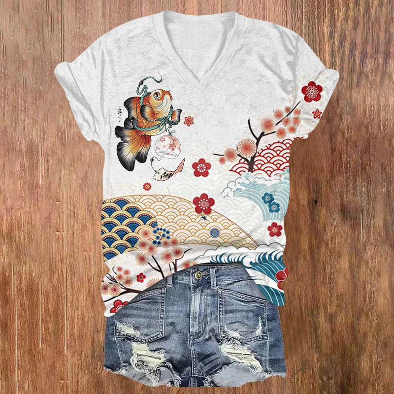 Japanese Cherry Blossoms And Sea Fish Printed Short Sleeved V-neck T-shirt - Light Gray - US32-34(5XL) - image 1