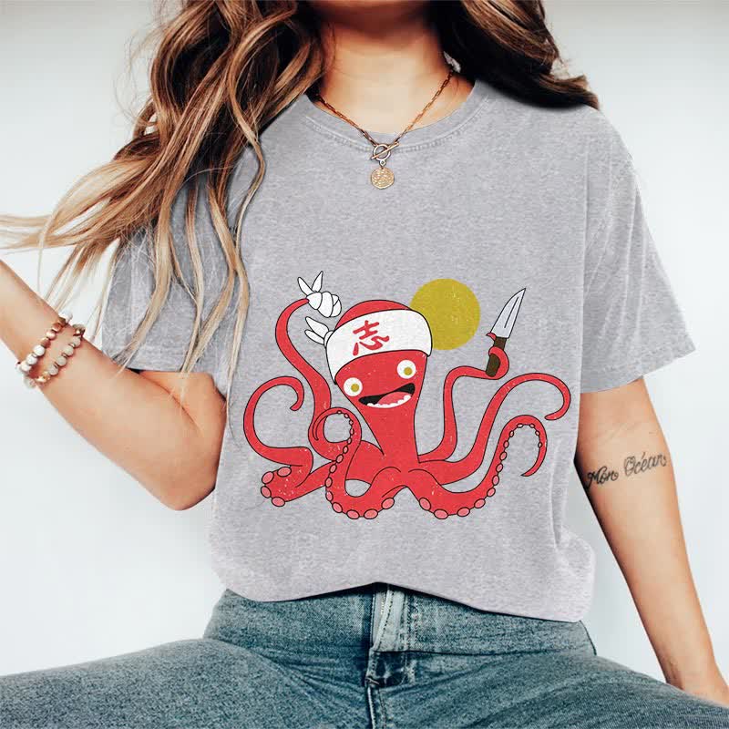 100% Cotton Japanese Funny Octopus Chef Art T-shirt - Grey - 2XL - image 7