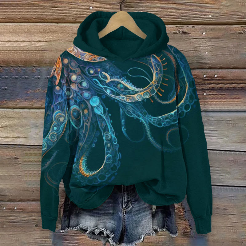 Octopus Print Long Sleeve Hoodie - Dark Green - US44-46(8XL) - image 3