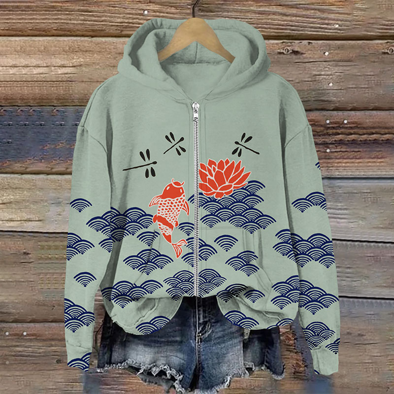 Japanese Style Koi Fish Dragonfly Wave Print Long Sleeve Zipper Hoodie - Green - US28-30(4XL) - image 2